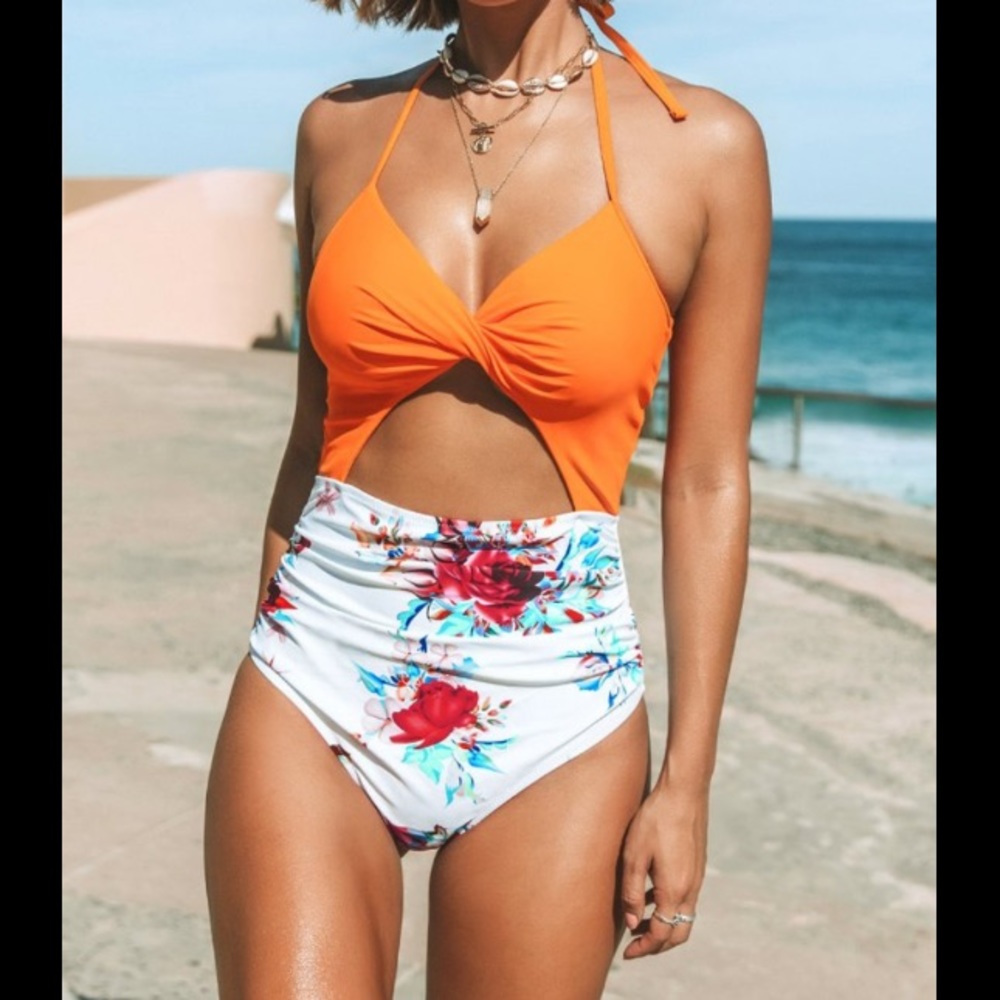 Cupshe Orange Floral Lace Up Halter One Piece NWT